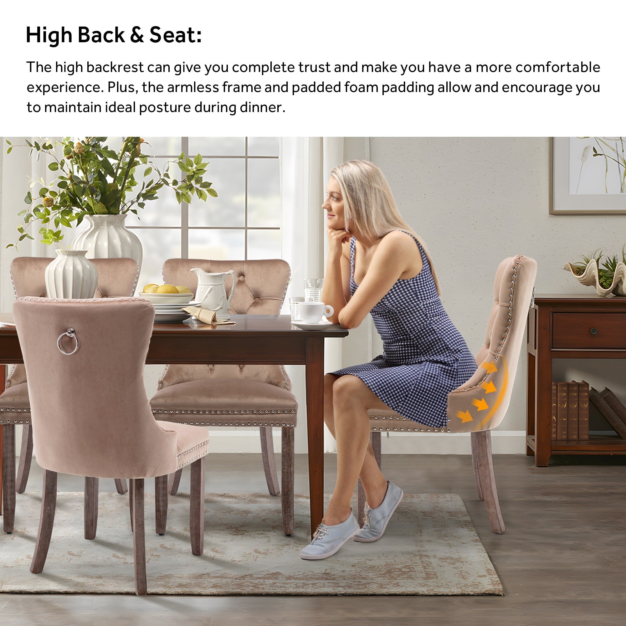 Upholstered Tufted Velvet Dining Chair with Solid Wood Legs Set of 6