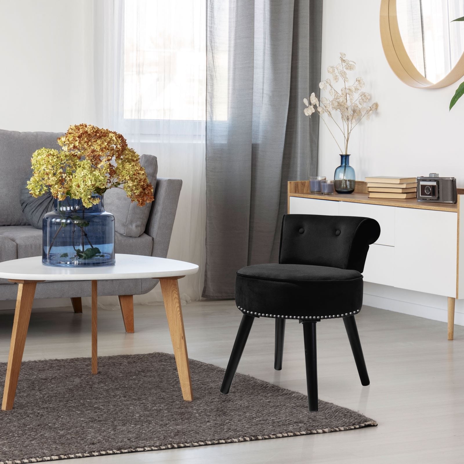 VEIKOUS Makeup Vanity Stool Chair with Low Back and Wood Legs-17.3 x 15.7 x 25.1