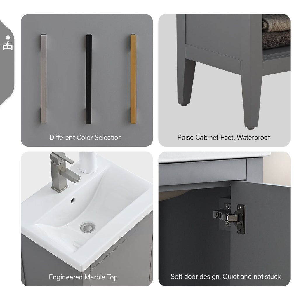 Vanity Art 20 or 24 or 30 Single Sink Bathroom Vanity Cabinet with Ceramic Top