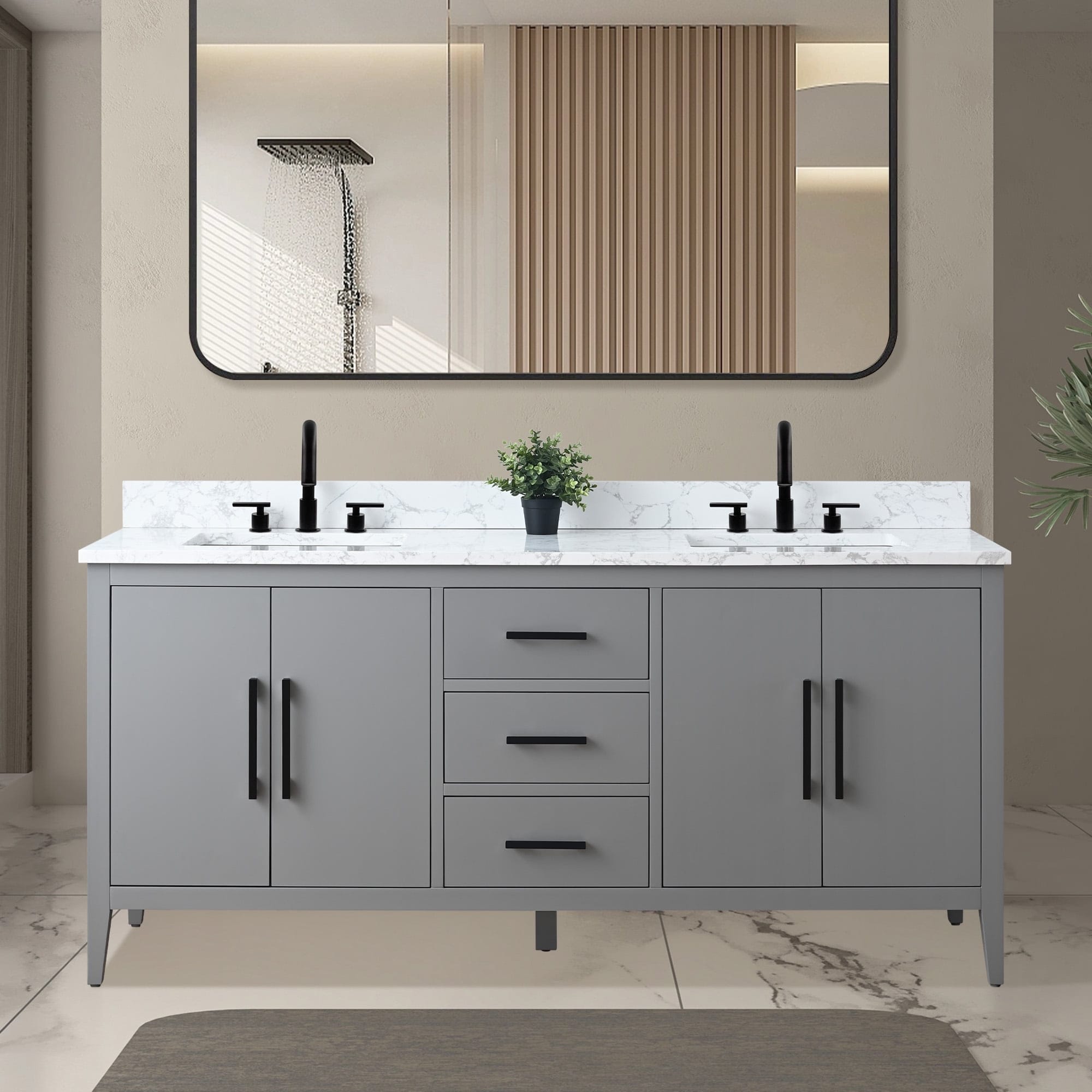 Vanity Art 72 Double Sink Bathroom Vanity Cabinet with Engineered Marble Top
