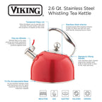 Viking 2.6-Quart Red Stainless Steel Whistling Kettle with 3-Ply Base
