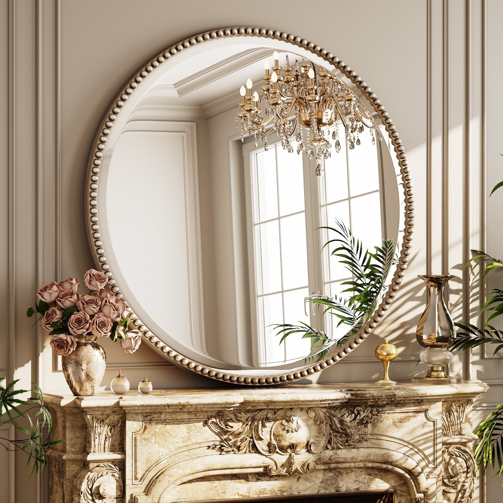 Vintage Round Bathroom Mirror with Beaded Frame