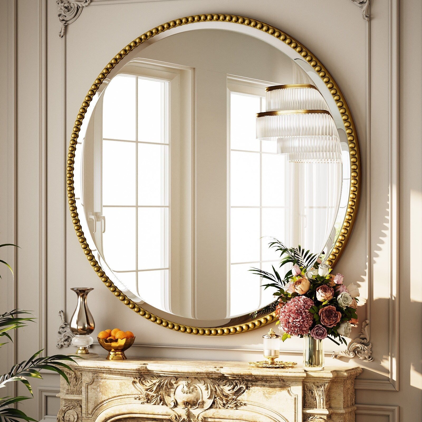 Vintage Round Bathroom Mirror with Beaded Frame