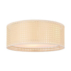 WINGBO Modern 3-Light Flush Mount Ceiling Light Fixture with Rattan & Fabric Double Drum Shade