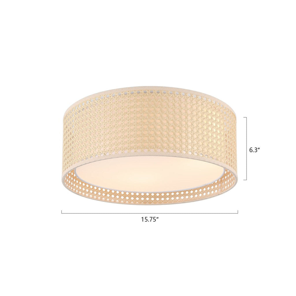 WINGBO Modern 3-Light Flush Mount Ceiling Light Fixture with Rattan & Fabric Double Drum Shade