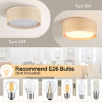 WINGBO Modern 3-Light Flush Mount Ceiling Light Fixture with Rattan & Fabric Double Drum Shade