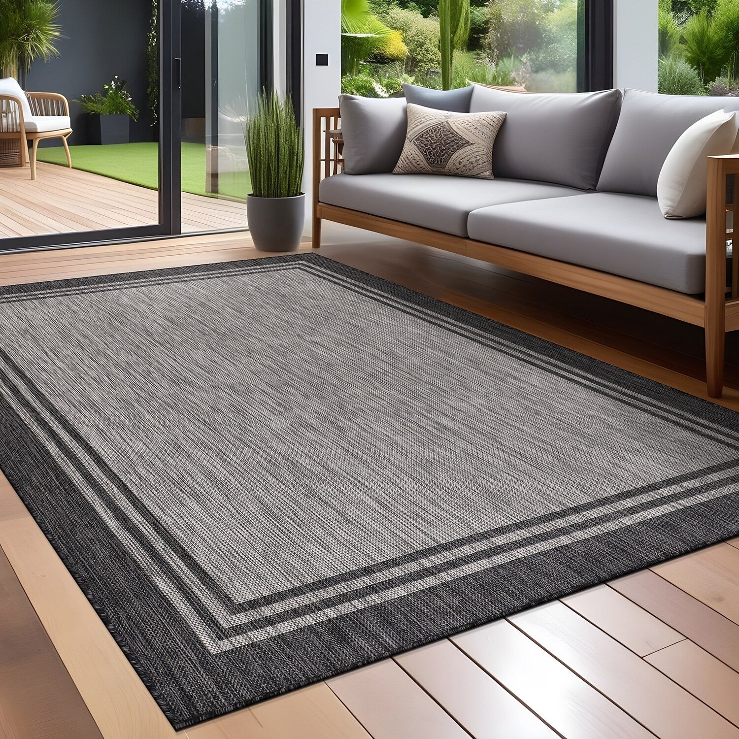 Washable Bordered Indoor Outdoor Rug for Patio, Deck, Porch