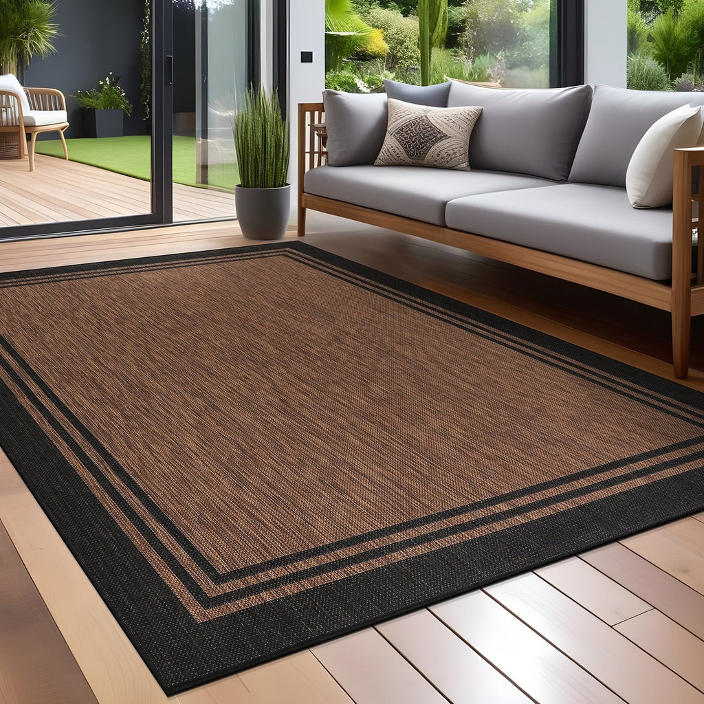 Washable Bordered Indoor Outdoor Rug for Patio, Deck, Porch
