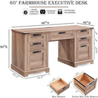 60 Farmhouse Executive Desk, Wood Home Office Desk, Computer Desk