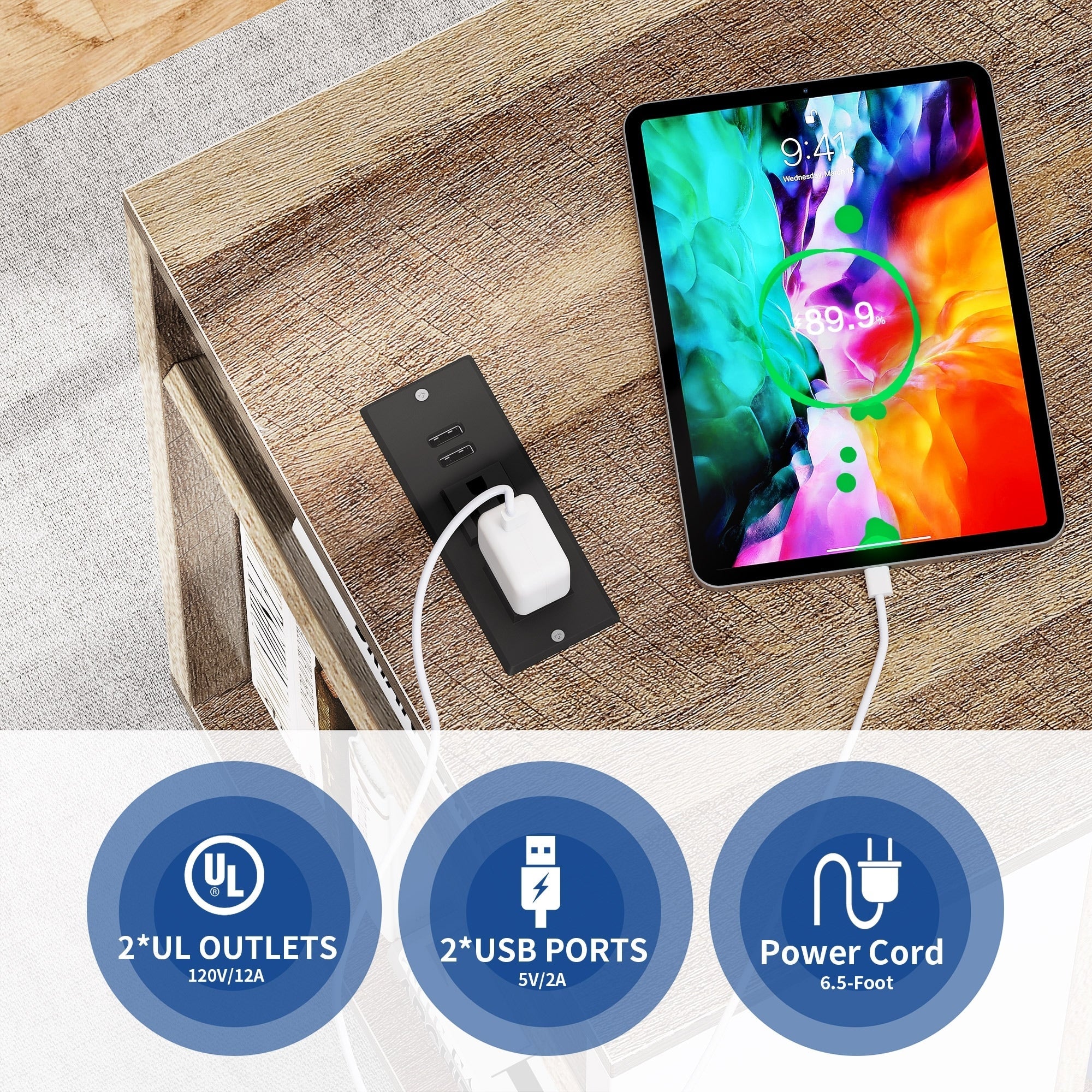 Wood File Cabinet with Charging Station Mobile Lateral Filing Cabinet Lockable Fits A4 Letter Legal Size Files