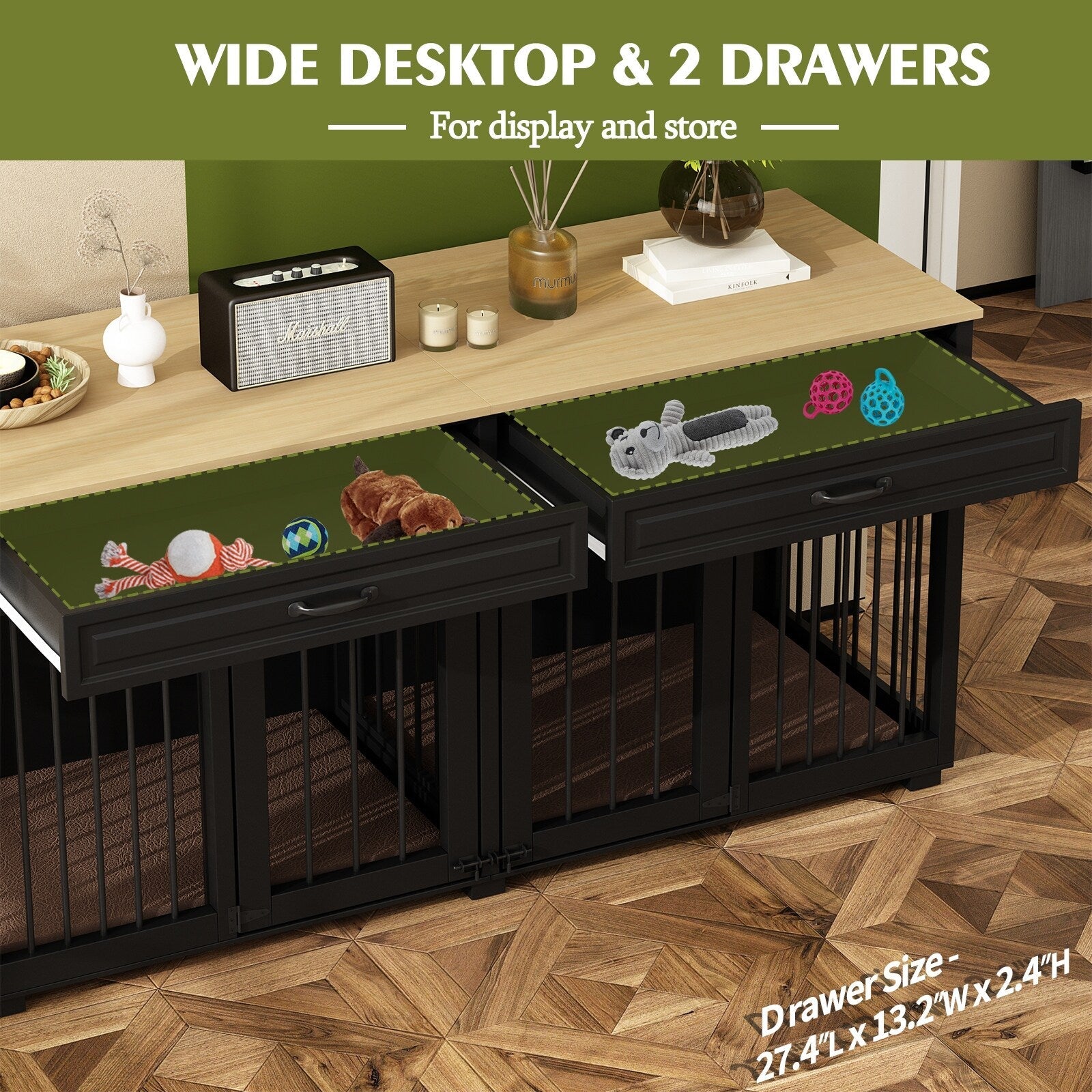 Wooden Double Dog Crate Kennel Furniture with 2 Drawers & Divider