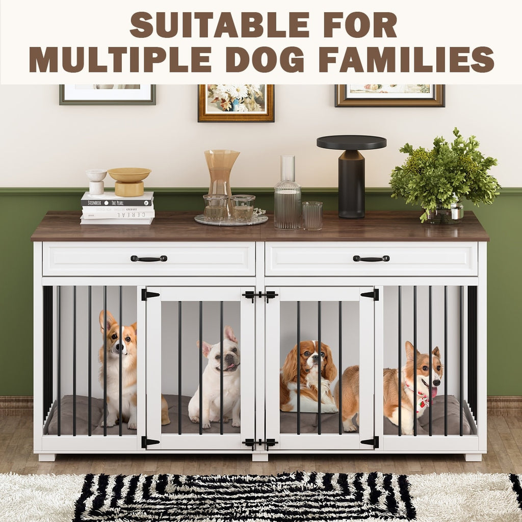 Wooden Double Dog Crate Kennel Furniture with 2 Drawers & Divider