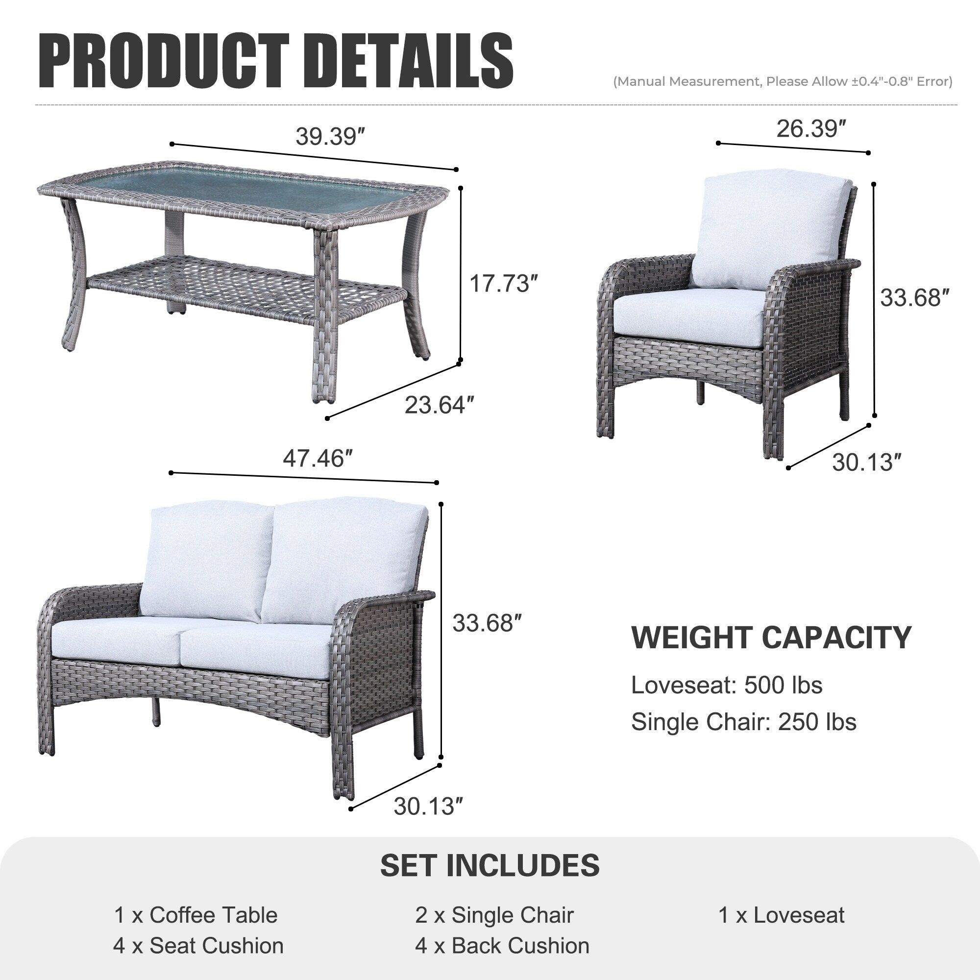 XIZZI 4-piece Outdoor Patio Furniture Conversation Set with Table