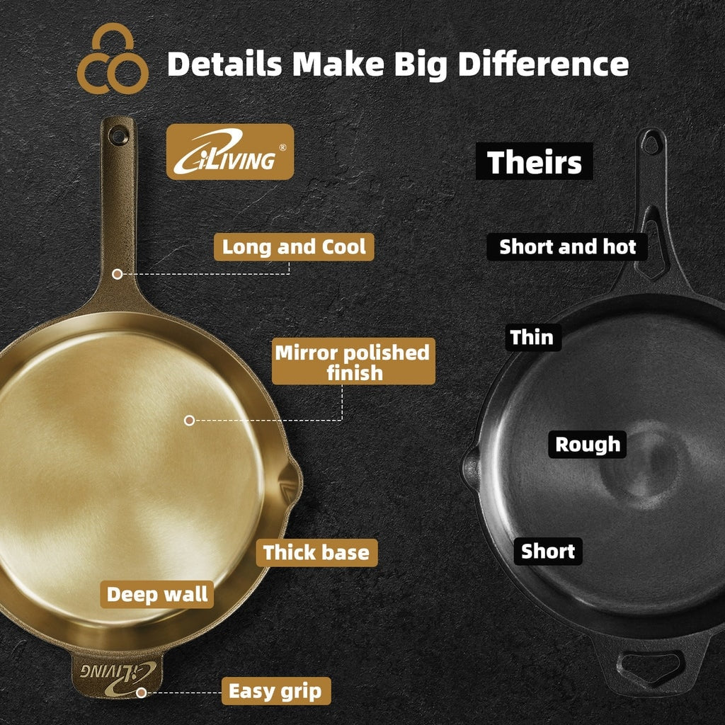 iLiving Seasoned Modern Heirloom Mirror Polished Cast Iron Skillet Pan 12 (2.7/3.7L)